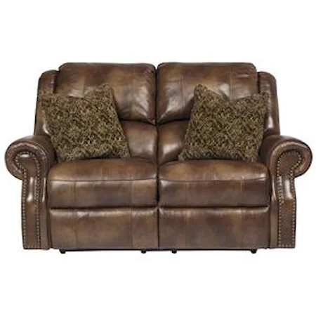 Leather Match Reclining Loveseat with Nailhead Trim